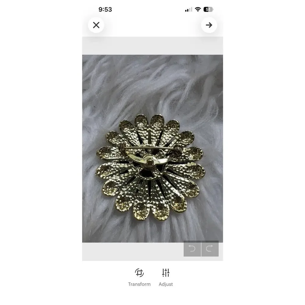 Vintage Gold Tone Starburst Brooch | Amber Rhinestone Floral Statement Pin